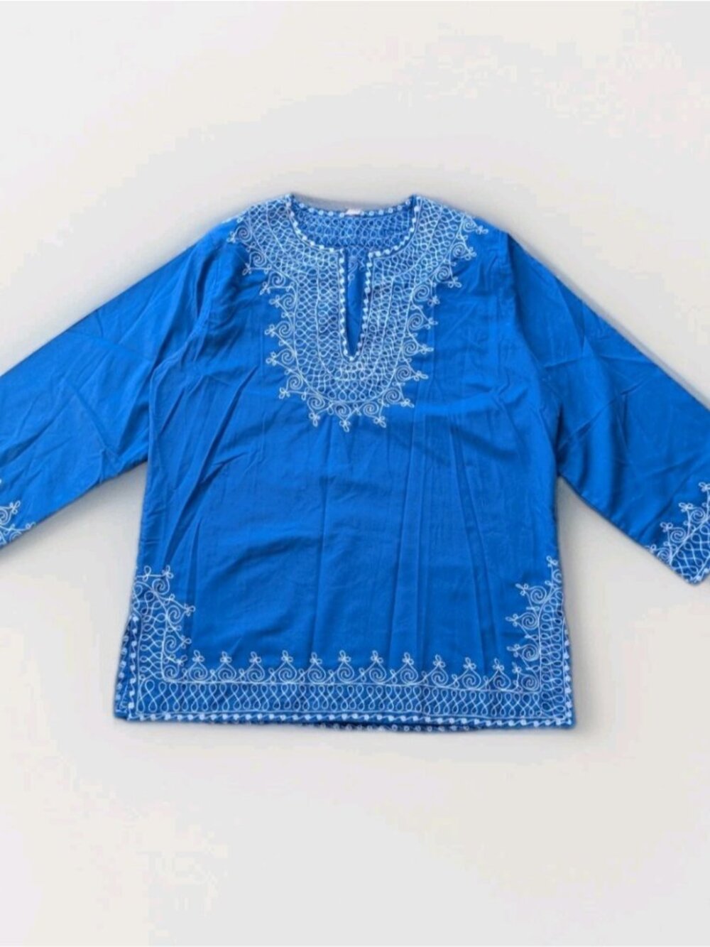 Moroccan Embroidered Tunic Top Women’s L Blue White Boho Kaftan Gandoura Shirt